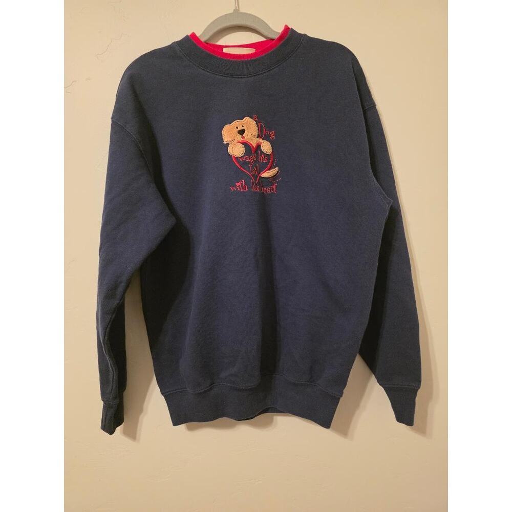 Vintage Dog Embroidered Sweatshirt Puppy Graphic Cozy Crewneck Navy Red Medium